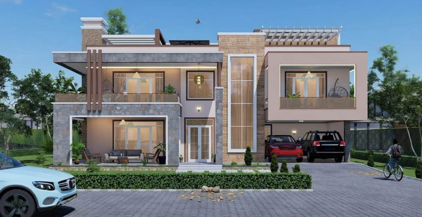 Elegant contemporary house with spacious balconies and large windows.