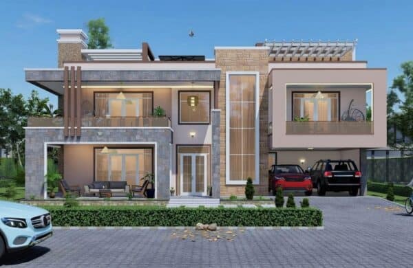 Elegant contemporary house with spacious balconies and large windows.